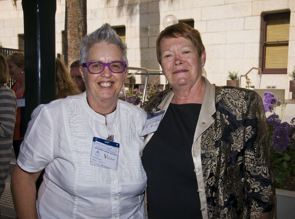 This is a photograph of Sandra Dann and Glenys Jones OAM, both of whom are looking into the camera and smiling. Ms Dann is standing to the left of the photograph and is wearing a white shirt with a decorative yoke. She is wearing spectacles with thick purple rims and a thin black necklace. Her short, silver hair is spelt up into a peak. Ms Jones stands to the right of the photograph and is wearing a black shirt and a silky black jacket with a large, gold, paisley pattern and light grey collar and buttons. She has short red-brown hair swept to her left and is wearing dark pink lipstick and small pearl earrings. In the background the light grey granite wall of Parliament House is visible, in front of which are raised beds of purple flowers and other guests gathered to speak with one another.