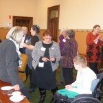 This is a photograph of some of the attendees of the morning tea chatting in small groups. In the photograph is Lesley Hawkins, Jane Lemon, Kelly Vincent, Tracey Murphy, Yvonne Hill, Cathi Tucker, Valmai Hankel, Monica Oliphant, Bogda Koczwara and Rosemary Crowley.